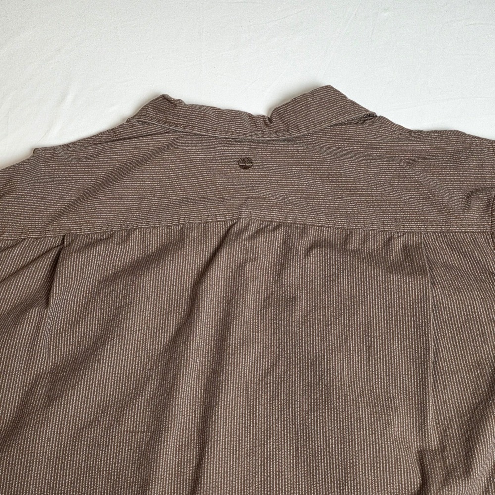 Timberland Button Down Mens Large Brown Micro Stripe Roll Tab Sleeve Snap Shirt - Picture 5 of 6